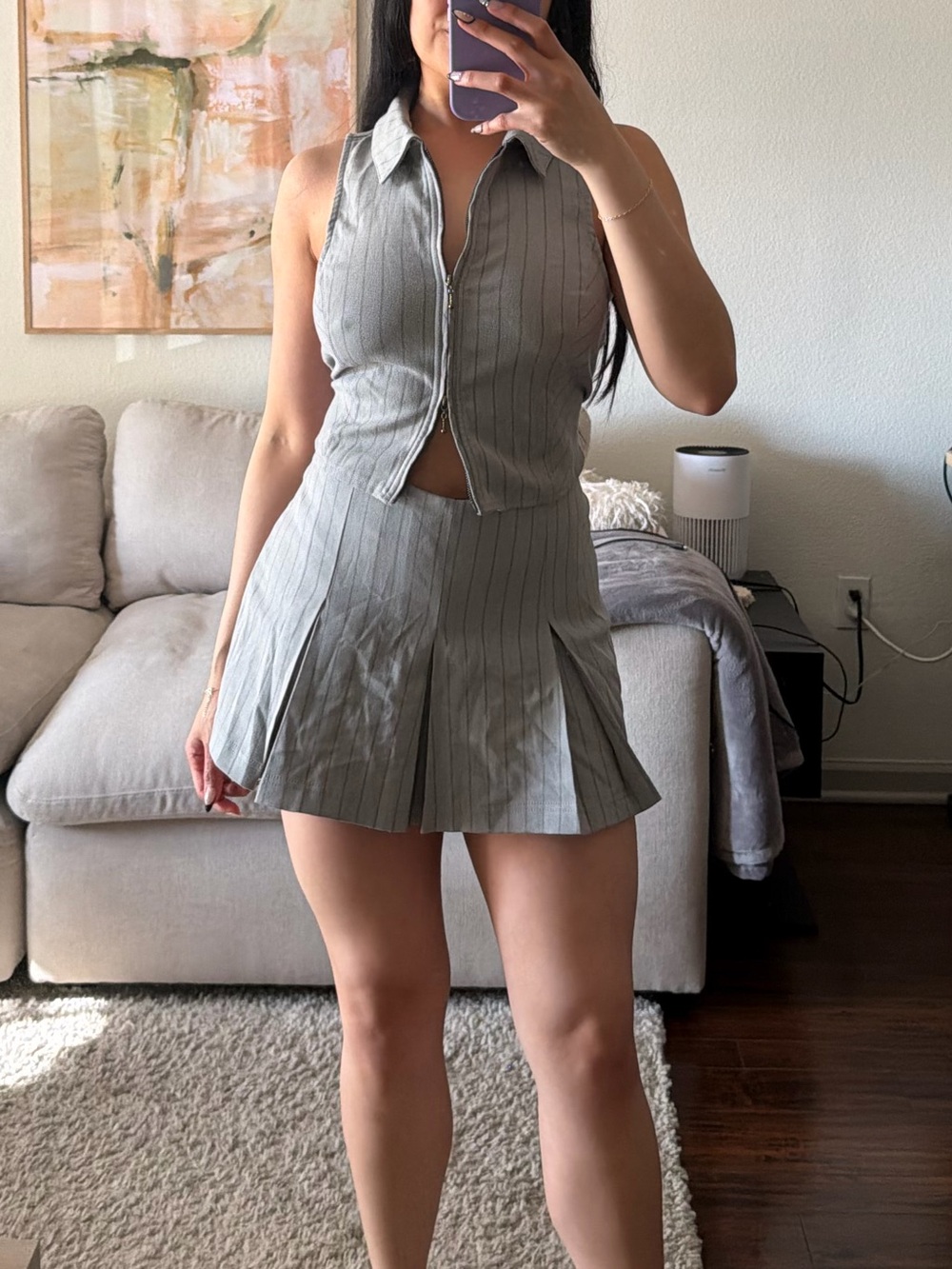 Sleeveless Collard Gray Pinstripe Skort Set